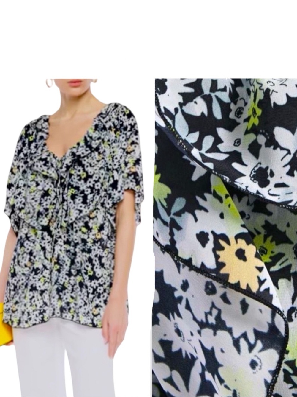 NWT SEE BY CHLOE Floral Print Crepe Ruffled Drawstring Blouse Multicolor Black